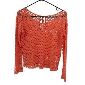 Crochet Knit Sweater‎ Top M Coral Open Weave Boho Festival Indie Layer Beachy